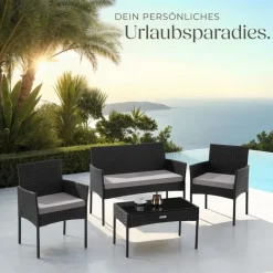 Tectake Rattan Gartenset 4-tlg. Schwarz