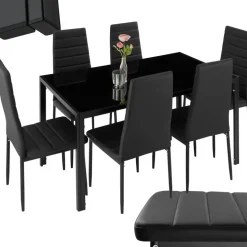 Tectake tectake® Esszimmergruppe, 7-teilig, gepolstert mit Kunstlederbezug, bodenschonende Kunststoffkappen