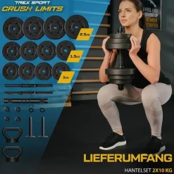 trex sport Hantelset 4in1 Kurzhanteln Langhantel Kettlebell 20 kg schwarz