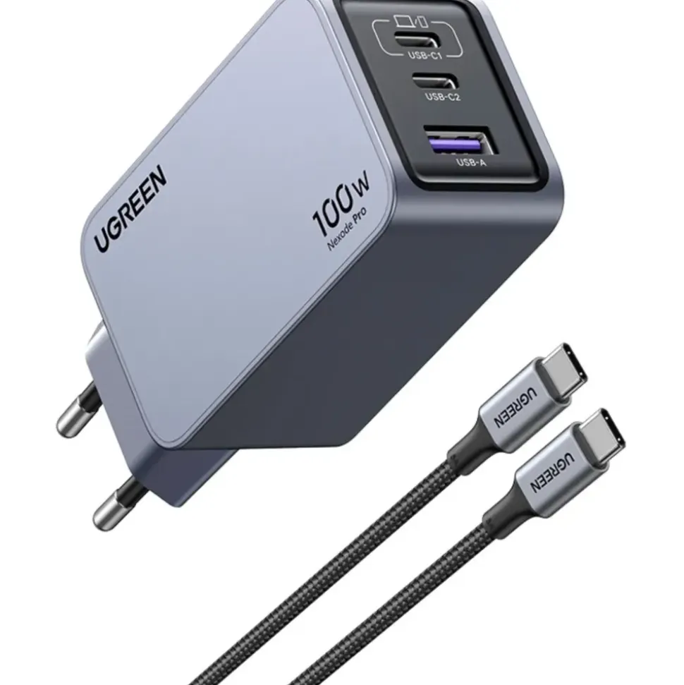 UGREEN Nexode Pro 100W 3-Port GaN Fast Charger Set EU Wall Universal, Gray