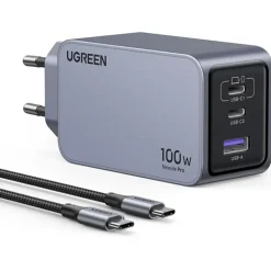 UGREEN Nexode Pro 100W 3-Port GaN Fast Charger Set EU Wall Universal, Gray