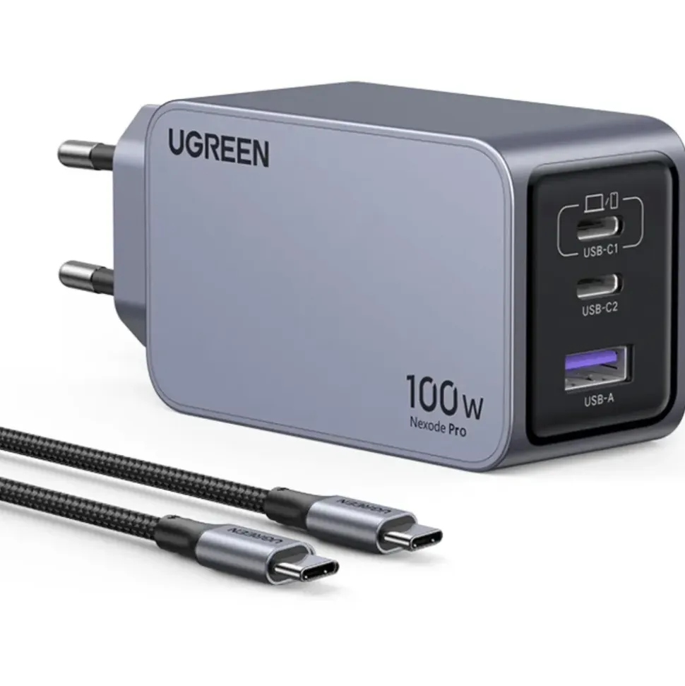 UGREEN Nexode Pro 100W 3-Port GaN Fast Charger Set EU Wall Universal, Gray