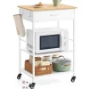 VASAGLE Küchewagen mit Rollen, mobiler Servierwagen mit Stauraum, Kücheninsel, 47 x 60 x 90 cm, Schublade, 2 Haken, für Esszimmer, eichenbeige-mattweiß