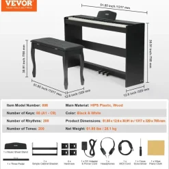 Vevor Digitalpiano, 88 Tasten, Elektrisches Klaviere, Doppeltastatur & Lautsprecher, einfache Gehäusehalterung mit Doppelbank, Kopfhörer, 200 Töne & Rhythmen, unterstützt Bluetooth/USB/MIDI