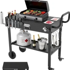 Vevor Grillwagen Outdoor 787x432 mm (Tischplattengröße), Klappbarer Grilltisch mit Taschentuchhalter & Rädern & magnetischer Werkzeugablage, Grillvorbereitungstisch Servierwagen für Picknick Küche