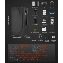 Vevor Growzelt-Set mit Vollspektrum-LED-Zuchtlicht 100 x 100 x 200 cm Schwarz