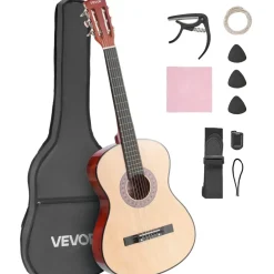 Vevor Konzertgitarre, 960 mm, Holz-Klassikgitarren-Starter-Set für Anfänger, mit Nylonsaiten, Gigbag, Gurt, Stimmgerät, zusätzlichen Saiten, Plektrum, Kapodaster, Linde, für Einsteiger, Natur