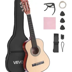 Vevor Konzertgitarre, 780 mm, Klassikgitarren-Starter-Set für Anfänger, mit Nylonsaiten, Gigbag, Gurt, Stimmgerät, zusätzlichen Saiten, Plektren, Kapodaster, Linde, für Einsteiger, Natur