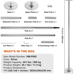 Vevor Professionelle Tanzstange, Pole Dance Tragbare Tanzstange Profi ca. 222,6-282,4 cm Höhenverstellbare Abnehmbare Fitnessstange Spinning Fitness Silber, Tanzstange Fitnessstudios, Club, Party