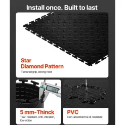 Vevor PVC Garagenboden, 16er-Pack 513x513x5 mm, Werkstattboden, Industrieboden, Klick Verlegung, rutschfeste PVC-Matten mit Diamantplatte für Werkstatt, Lager, Werkzeugraum, Schwarz