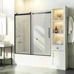 Vevor Rahmenlose Schiebetür für Badewanne Duschglastür (1422-1524 x 1524 mm), Schiebetür für Badewanne mit 5/16 Zoll klarem gehärtetem Glas und Edelstahlgriff, schwarzes Finish