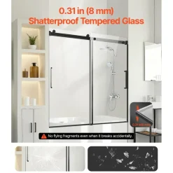 Vevor Rahmenlose Schiebetür für Badewanne Duschglastür (1422-1524 x 1524 mm), Schiebetür für Badewanne mit 5/16 Zoll klarem gehärtetem Glas und Edelstahlgriff, schwarzes Finish