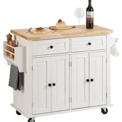 Vevor Servierwagen Küchenwagen 1100 x 450 x 825 mm, 136 kg Belastbar Kücheninsel Küchenschrank, Rollwagen Küchentrolley mit Handtuchhalter & 2 Schubladen, Mikrowellenschrank Küchenrollwagen Massivholz