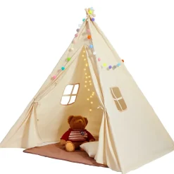 Vevor Spielzelt Kinder, Tipi-Zelt für Kinder 1–5 Jahre, Kleinkinderzelt mit Matte und dekorativen Plüschbällen, Zelt für Kinder mit Fenstern für drinnen & draußen Beige