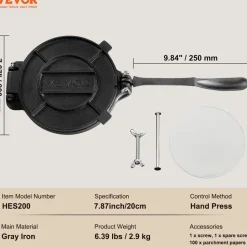 Vevor Tortilla-Presse 20 cm Gusseisen Schwarz