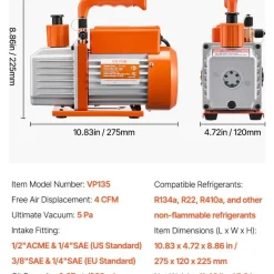 Vevor Vakuumpumpe, 4 CFM, HVAC einstufige Drehschieber-Vakuumpumpe, für R134a R22 R410a Systeme, Auto-AC-Vakuumpumpen-Kit mit Ölflasche, für die Wartung von Auto-Klimaanlagen und Harzentgasung