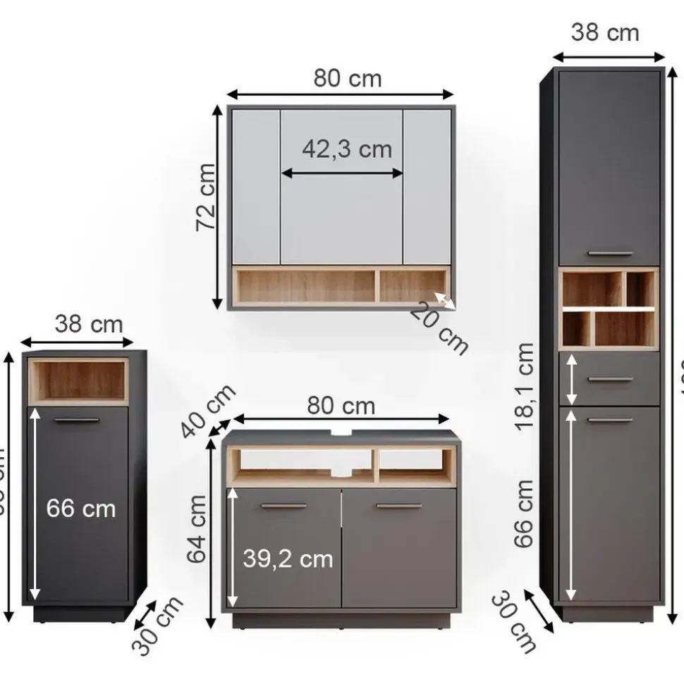Vicco Beatrice 4-tlg. anthrazit matt/eiche/weiß