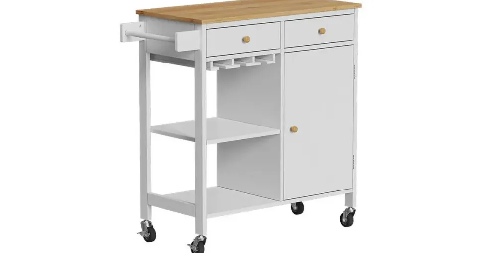 Vicco Küchenwagen Trayz, Weiß, 89 x 87 cm mit Rollen, mit Flaschenablage und Weinglashalter für Flexible Nutzung