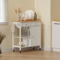 Vicco Küchenwagen Trayz, Weiß, 89 x 87 cm mit Rollen, mit Flaschenablage und Weinglashalter für Flexible Nutzung