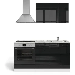 Vicco Singleküche Schwarz Hochglanz/Weiß, 160 cm mit Herdumbauschrank ohne Arbeitsplatte, Model 56470 - Schwarz/Weiß