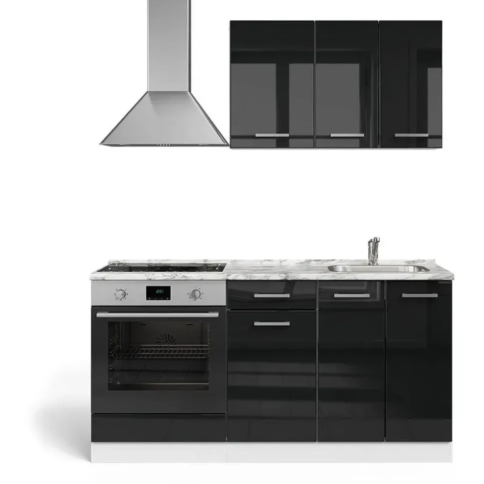 Vicco Singleküche Schwarz Hochglanz/Weiß, 160 cm mit Herdumbauschrank ohne Arbeitsplatte, Model 56470 - Schwarz/Weiß