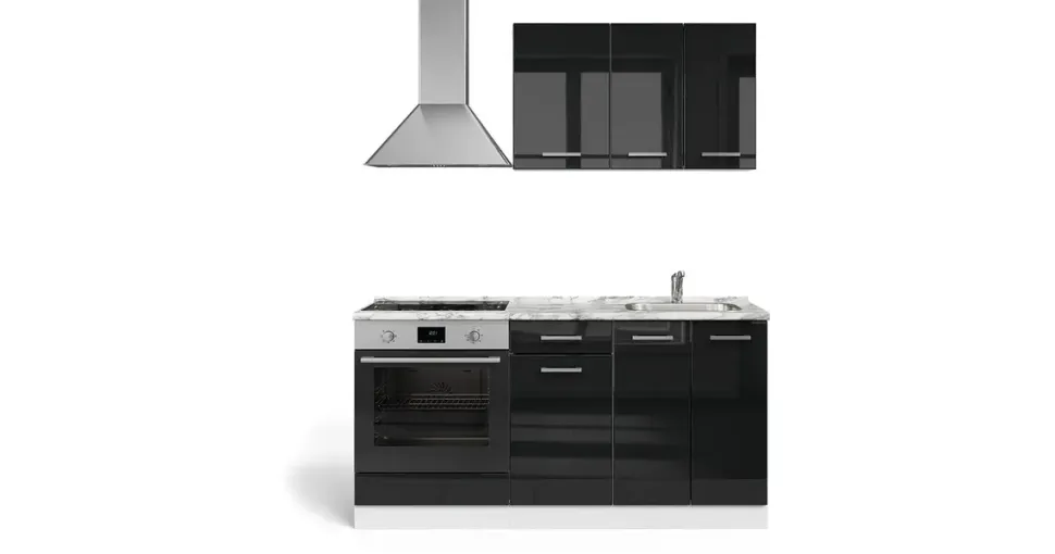 Vicco Singleküche Schwarz Hochglanz/Weiß, 160 cm mit Herdumbauschrank ohne Arbeitsplatte, Model 56470 - Schwarz/Weiß