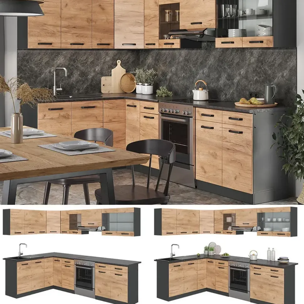 Vicco Winkelküche L-Form 267 x 167 cm Anthrazit/Goldkraft Eiche