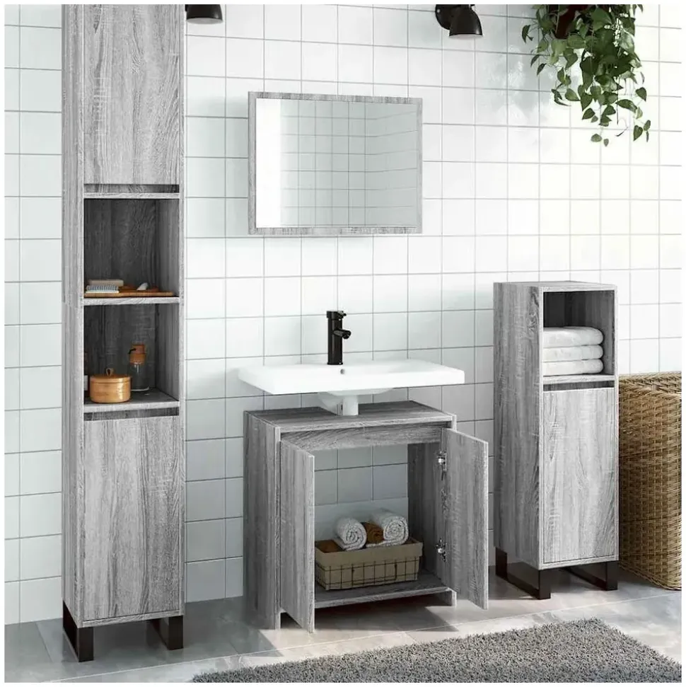 vidaXL Badmöbel-Set Grau Sonoma 2-tlg. Holzwerkstoff