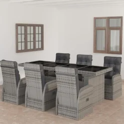 vidaXL Polyrattan Garten-Essgruppe 7-tlg. grau inkl. Auflagen 3059344