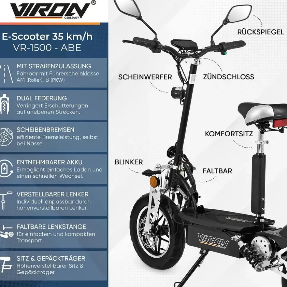 Viron VR-1500-EEC 1000 W 35 km/h Schwarz mit Korbset