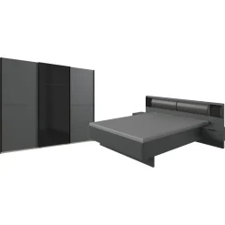 WIMEX Schlafzimmer-Set "Barcelona", grau (graphit, abgesetzt glas schwarz), B:289cm H:208cm T:210cm, Holzwerkstoff, Spanplatte, Schlafzimmermöbel-Sets, 4-teiliges Set