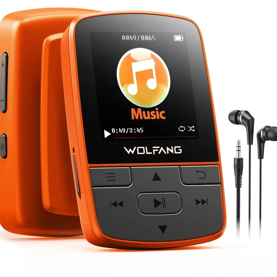 WOLFANG MP3-Player mit Bluetooth 5.2, Sportclip, Mini-Größe, Gewicht 28,3 g, HiF-FM-Radio, Diktiergerät, Kopfhörer im Lieferumfang enthalten, Orange