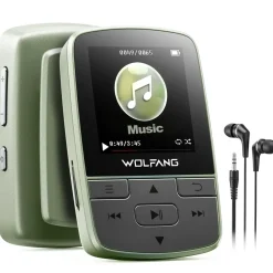 WOLFANG MP3-Player mit Bluetooth 5.2, Sportclip, Mini-Größe, Gewicht 28,3 g, HiF-FM-Radio, Diktiergerät, Kopfhörer im Lieferumfang enthalten,Militärgrün