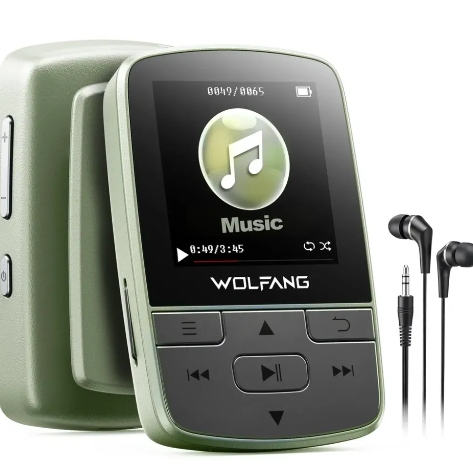 WOLFANG MP3-Player mit Bluetooth 5.2, Sportclip, Mini-Größe, Gewicht 28,3 g, HiF-FM-Radio, Diktiergerät, Kopfhörer im Lieferumfang enthalten,Militärgrün