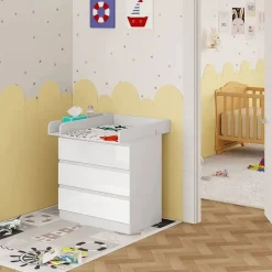 Woltu Wickelkommode mit Wickelaufsatz, Wickeltisch mit 3 Schubladen,Kommode weiß - Weiß