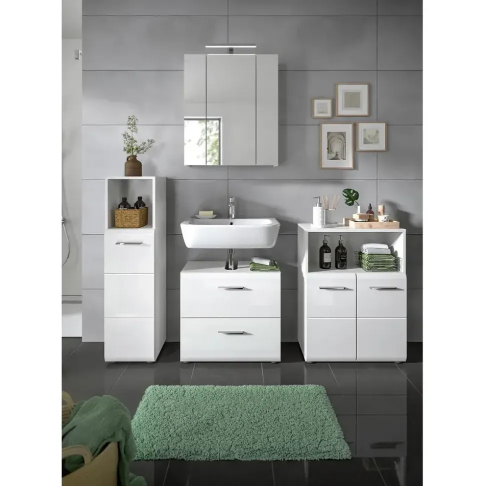 xonox.home Waschbeckenunterschrank 2 Schubladen 60 x 54 x 30 cm Weiß Hochglanz
