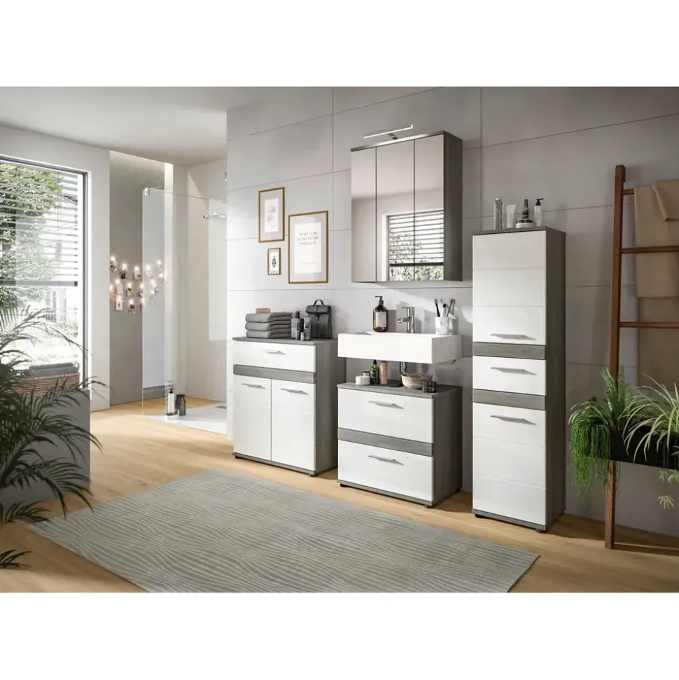 xonox.home Waschbeckenunterschrank Blake 60 x 57 x 34 cm Grau/Weiß Hochglanz