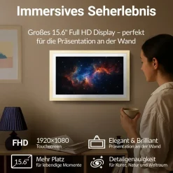 Xoro CPF 15 Digitaler Bilderrahmen in Buchenholz, 1920x1080 HD IPS Touchscreen, 32GB, Auto-Rotation & Sofort-Foto-/Video-Sharing