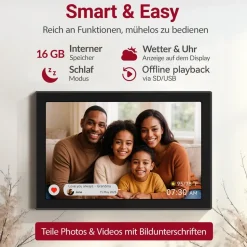 Xoro Digitaler Bilderrahmen, 1280x800 HD IPS Touch Display, 16GB Speicher, Automatische Rotation, Teilen Sie Fotos sofort von überall aus