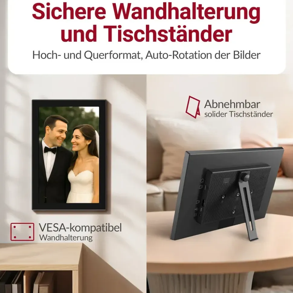 Xoro XOR107373 Digitaler Bilderrahmen, 1280x800 HD IPS Touchscreen, WLAN