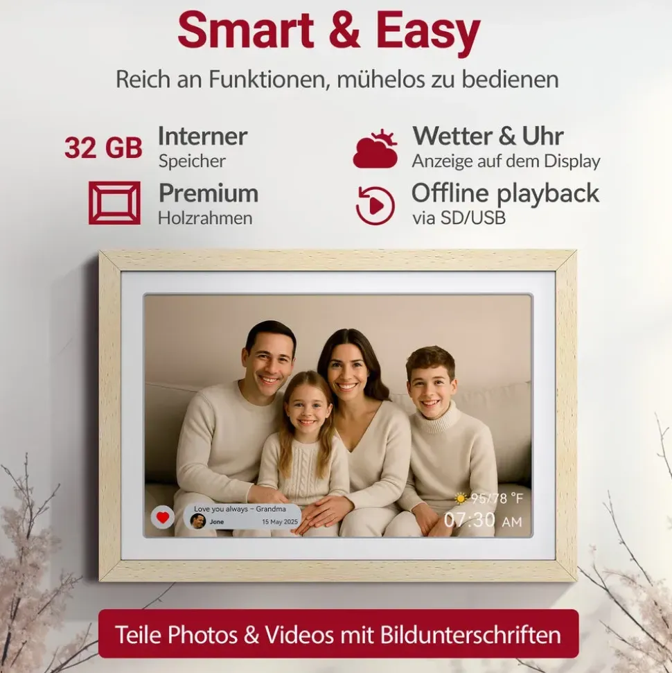 Xoro XOR107375 Digitaler Bilderrahmen Holz 27,9 cm 11" Touchscreen,