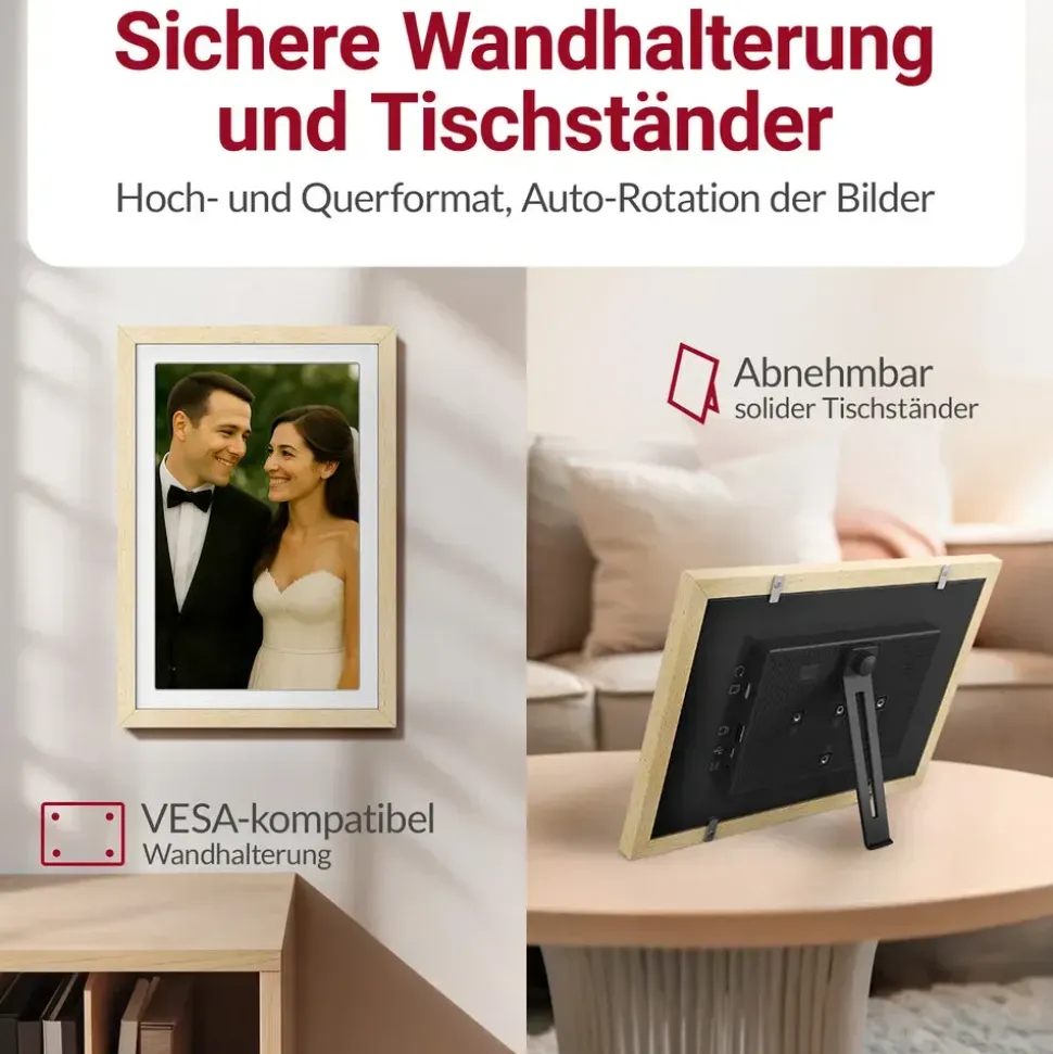 Xoro XOR107375 Digitaler Bilderrahmen Holz 27,9 cm 11" Touchscreen,