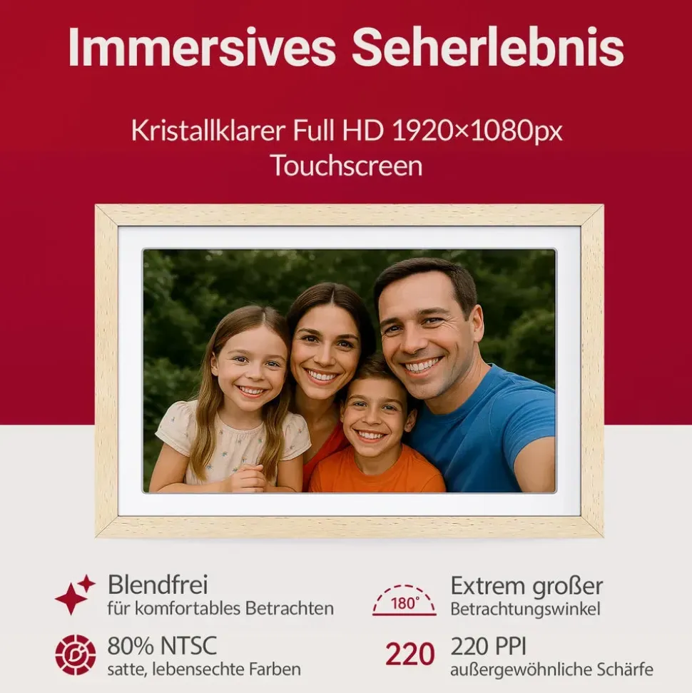 Xoro XOR107375 Digitaler Bilderrahmen Holz 27,9 cm 11" Touchscreen,